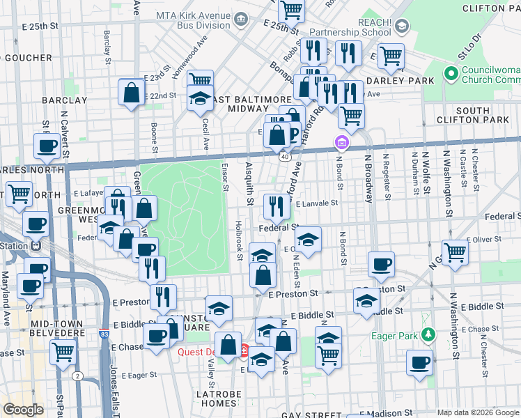 map of restaurants, bars, coffee shops, grocery stores, and more near 1207 East Lanvale Street in Baltimore