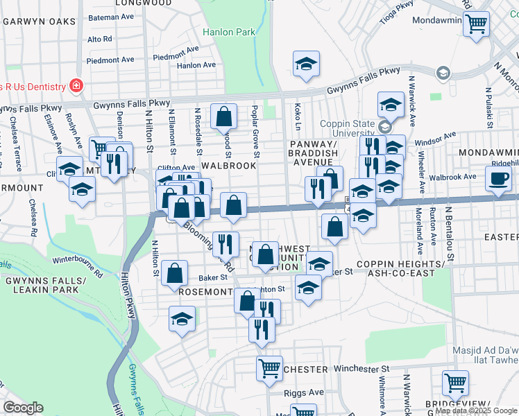 map of restaurants, bars, coffee shops, grocery stores, and more near W North Ave & Poplar Grove St in Baltimore