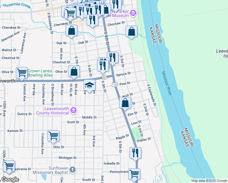 map of restaurants, bars, coffee shops, grocery stores, and more near 1015 South 5th Street in Leavenworth