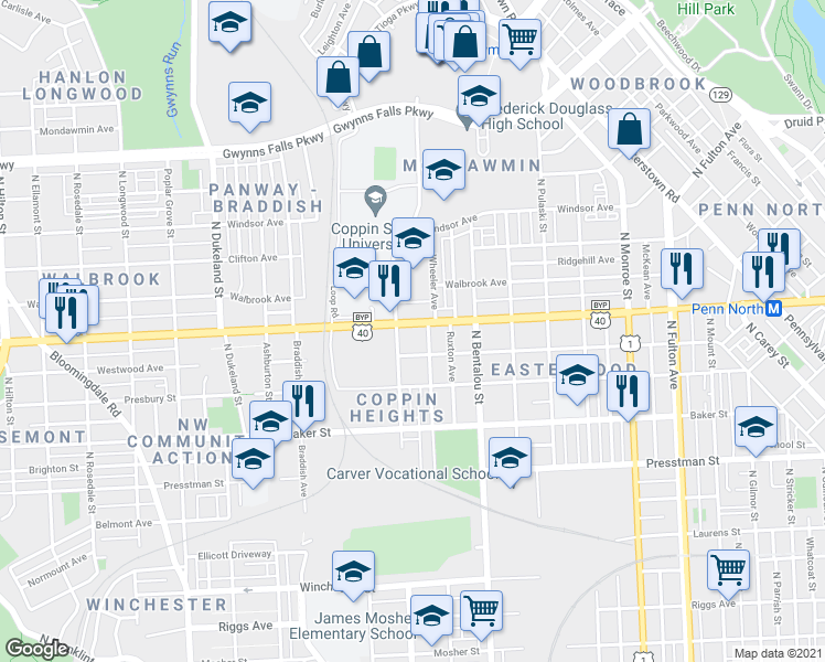 map of restaurants, bars, coffee shops, grocery stores, and more near 2421 West North Avenue in Baltimore