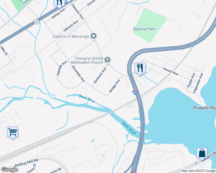 map of restaurants, bars, coffee shops, grocery stores, and more near 7912 Bridge Avenue in Rosedale