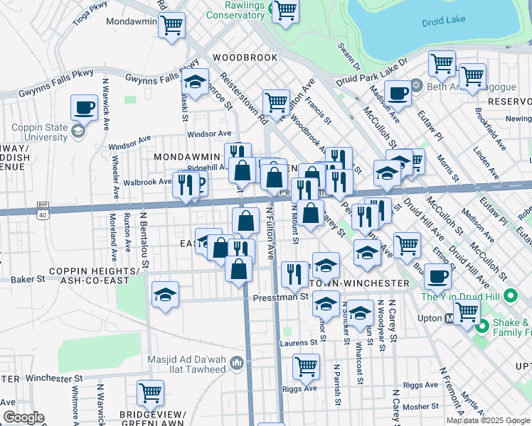 map of restaurants, bars, coffee shops, grocery stores, and more near 1814 North Fulton Avenue in Baltimore