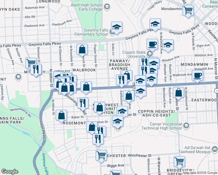 map of restaurants, bars, coffee shops, grocery stores, and more near W North Ave & N Dukeland St in Baltimore