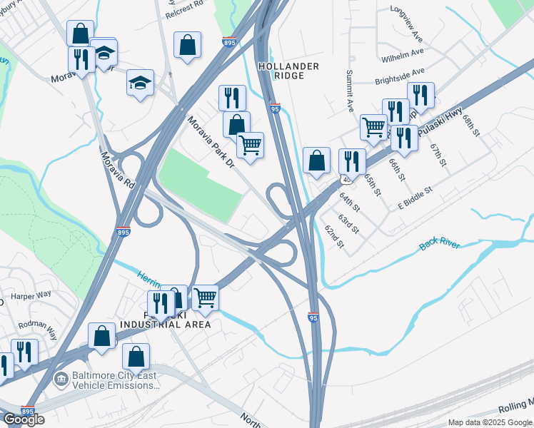 map of restaurants, bars, coffee shops, grocery stores, and more near 6851 Moravia Park Drive in Baltimore