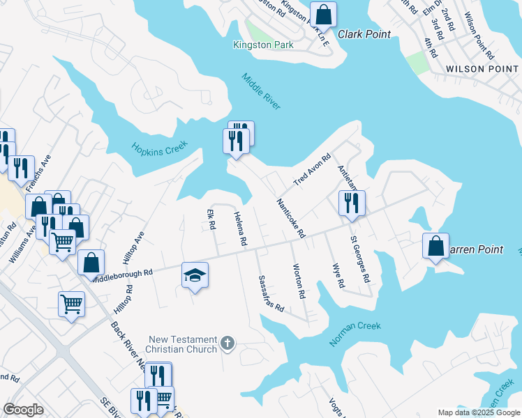 map of restaurants, bars, coffee shops, grocery stores, and more near 203 Oak Avenue in Essex