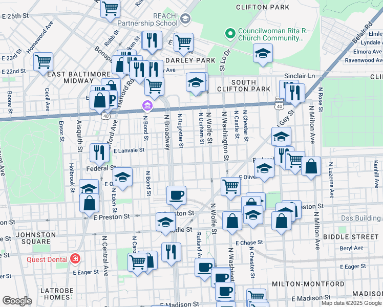 map of restaurants, bars, coffee shops, grocery stores, and more near 1600 Rutland Avenue in Baltimore