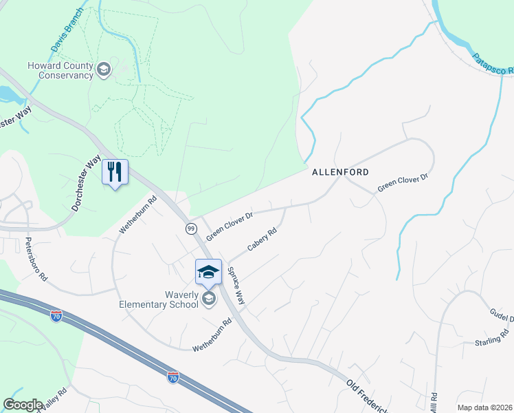 map of restaurants, bars, coffee shops, grocery stores, and more near 10206 Green Clover Drive in Ellicott City