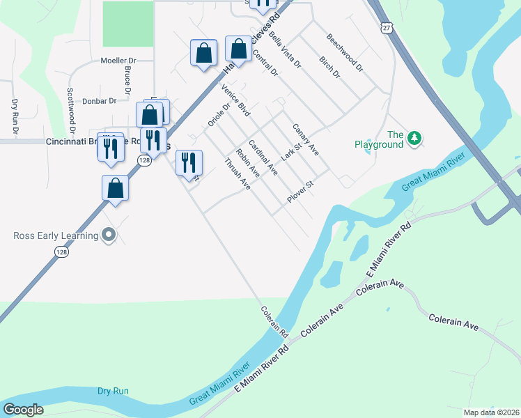 map of restaurants, bars, coffee shops, grocery stores, and more near 2137 Thrush Avenue in Fairfield