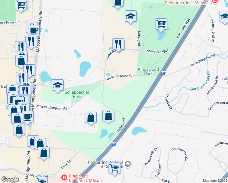 map of restaurants, bars, coffee shops, grocery stores, and more near 4361 Irwin Simpson Road in Mason