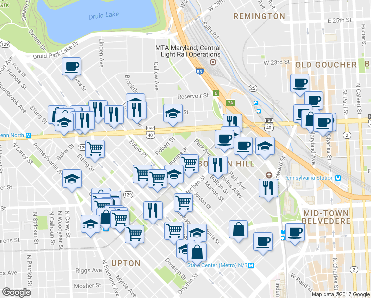 map of restaurants, bars, coffee shops, grocery stores, and more near Laurens St & Bolton St in Baltimore