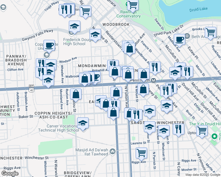 map of restaurants, bars, coffee shops, grocery stores, and more near 1825 Appleton Street in Baltimore
