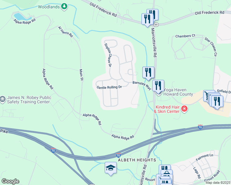 map of restaurants, bars, coffee shops, grocery stores, and more near 2316 Anderson Hill Street in Marriottsville