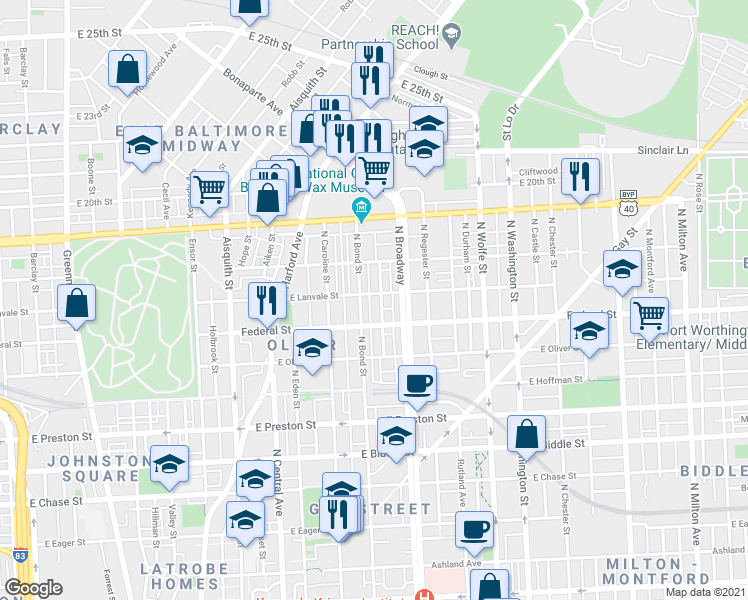 map of restaurants, bars, coffee shops, grocery stores, and more near 1607 East Lanvale Street in Baltimore