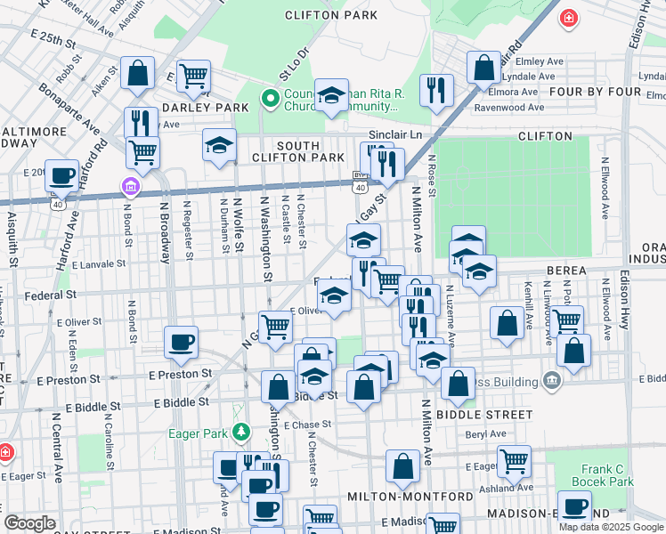 map of restaurants, bars, coffee shops, grocery stores, and more near 1701 North Gay Street in Baltimore