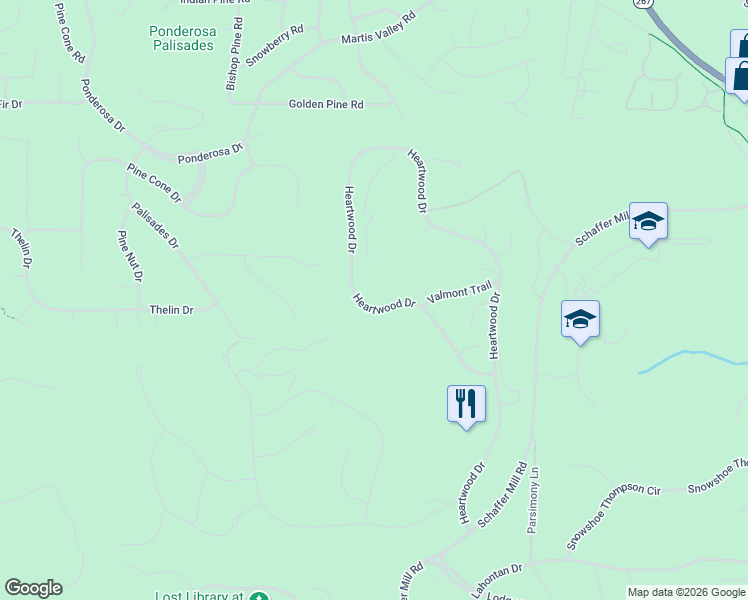 map of restaurants, bars, coffee shops, grocery stores, and more near 9340 Heartwood Drive in Truckee