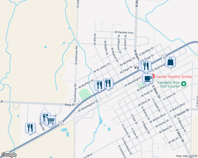 map of restaurants, bars, coffee shops, grocery stores, and more near 401-499 North Lincoln Street in Vandalia