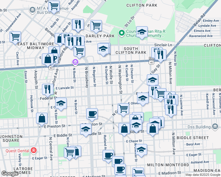 map of restaurants, bars, coffee shops, grocery stores, and more near 1634 North Wolfe Street in Baltimore