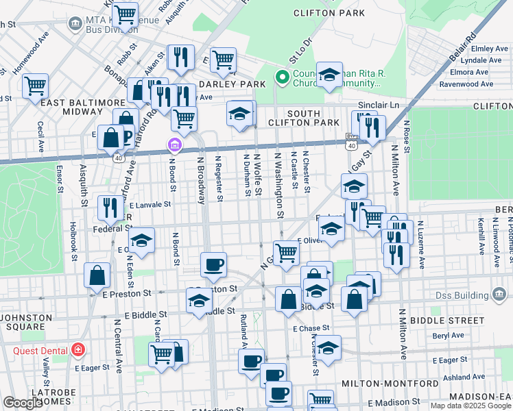 map of restaurants, bars, coffee shops, grocery stores, and more near 1634 North Wolfe Street in Baltimore
