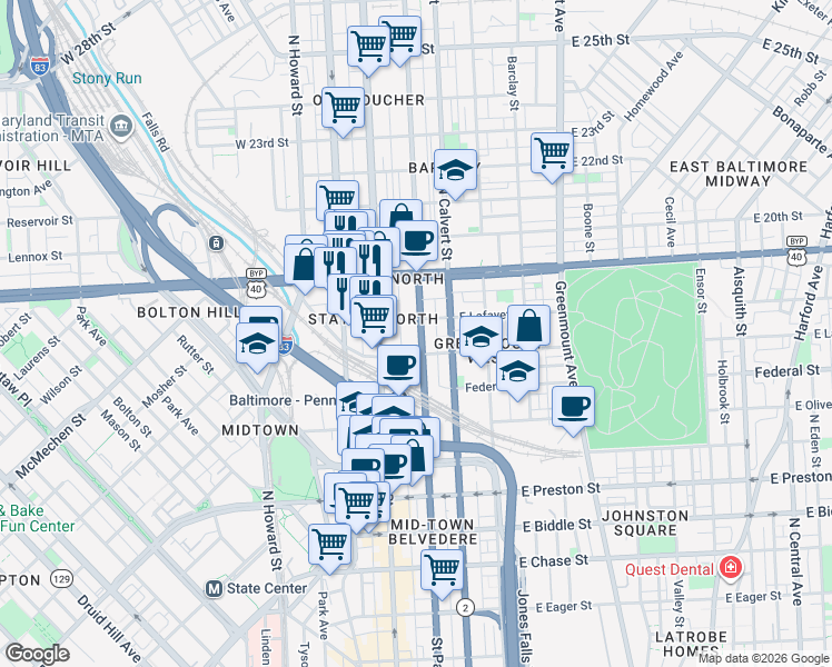 map of restaurants, bars, coffee shops, grocery stores, and more near 1720 Saint Paul Street in Baltimore