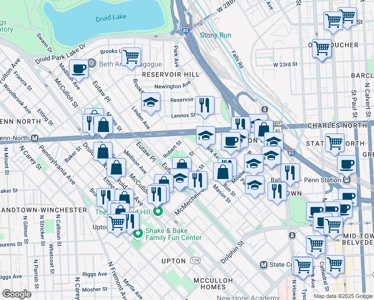 map of restaurants, bars, coffee shops, grocery stores, and more near 1812 Bolton Street in Baltimore