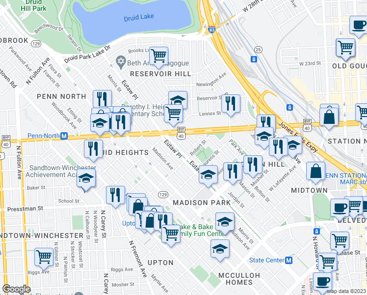 map of restaurants, bars, coffee shops, grocery stores, and more near Eutaw Place in Baltimore