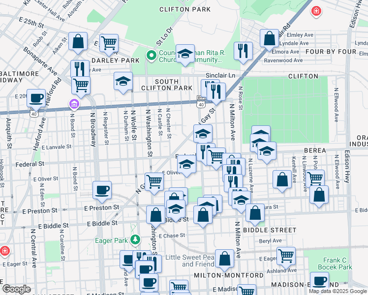 map of restaurants, bars, coffee shops, grocery stores, and more near 1701 North Gay Street in Baltimore