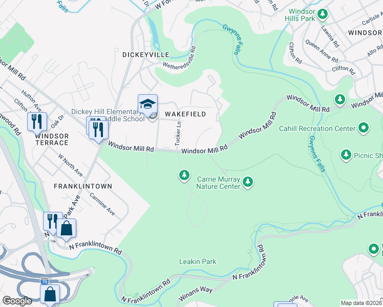 map of restaurants, bars, coffee shops, grocery stores, and more near 4921 Windsor Mill Road in Baltimore