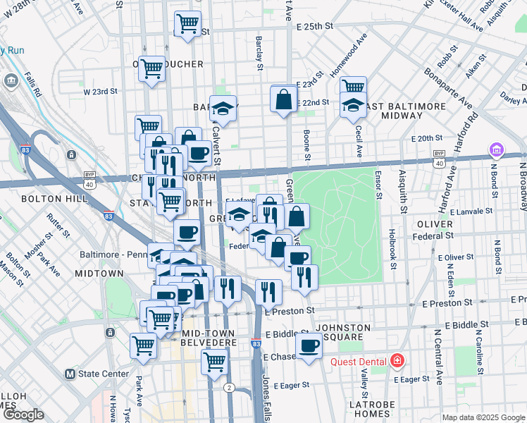 map of restaurants, bars, coffee shops, grocery stores, and more near 1710 Barclay Street in Baltimore