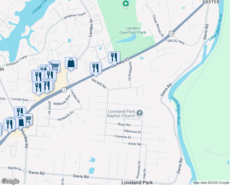 map of restaurants, bars, coffee shops, grocery stores, and more near 8660 Lilly Drive in Loveland
