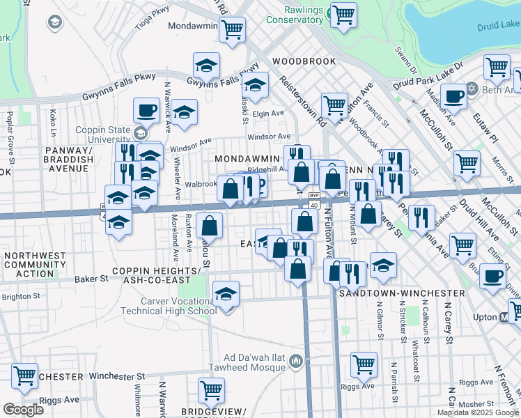 map of restaurants, bars, coffee shops, grocery stores, and more near 2023 West North Avenue in Baltimore