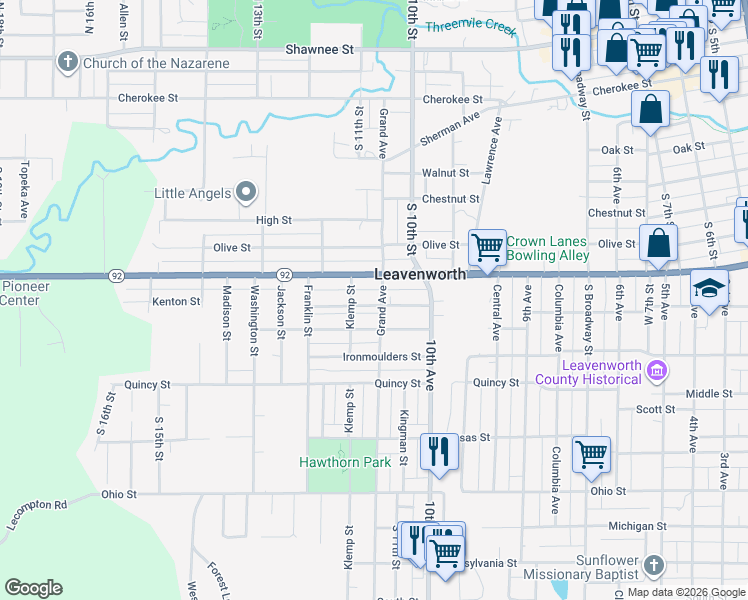map of restaurants, bars, coffee shops, grocery stores, and more near 1001 Klemp Street in Leavenworth