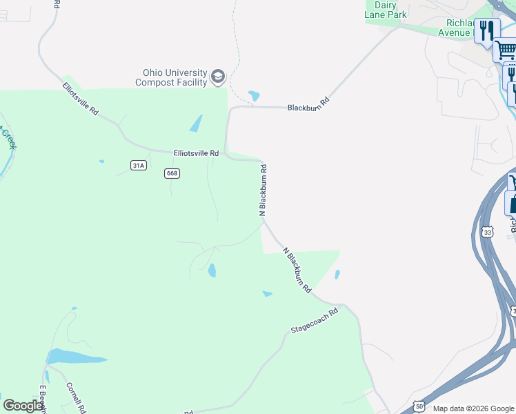 map of restaurants, bars, coffee shops, grocery stores, and more near 7605 North Blackburn Road in Athens