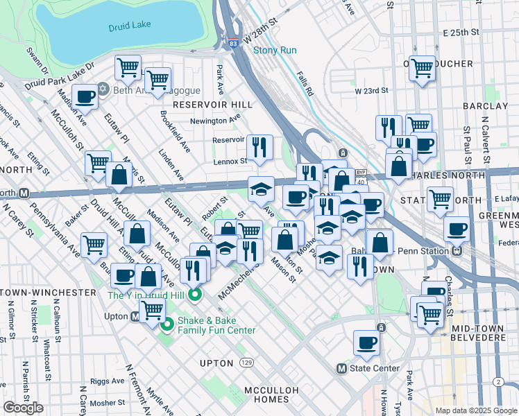 map of restaurants, bars, coffee shops, grocery stores, and more near 1714 Park Avenue in Baltimore