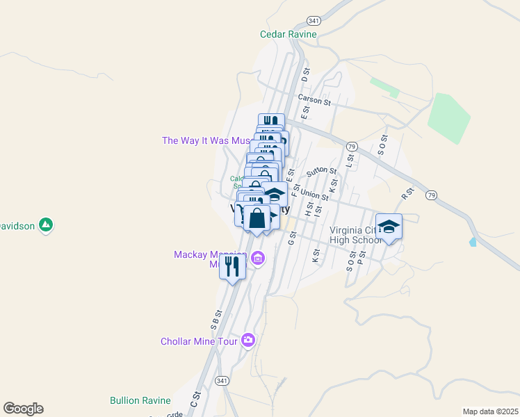 map of restaurants, bars, coffee shops, grocery stores, and more near in Virginia City
