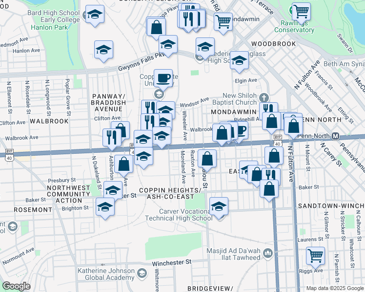 map of restaurants, bars, coffee shops, grocery stores, and more near West North Avenue & Moreland Avenue in Baltimore
