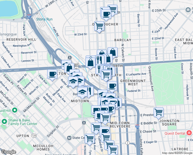 map of restaurants, bars, coffee shops, grocery stores, and more near 19 West Lafayette Avenue in Baltimore