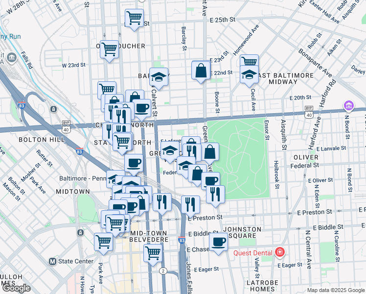 map of restaurants, bars, coffee shops, grocery stores, and more near 1717 Latrobe Street in Baltimore