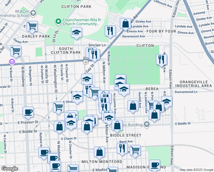 map of restaurants, bars, coffee shops, grocery stores, and more near 1625 North Milton Avenue in Baltimore