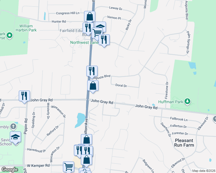 map of restaurants, bars, coffee shops, grocery stores, and more near 1801 Doral Drive in Fairfield