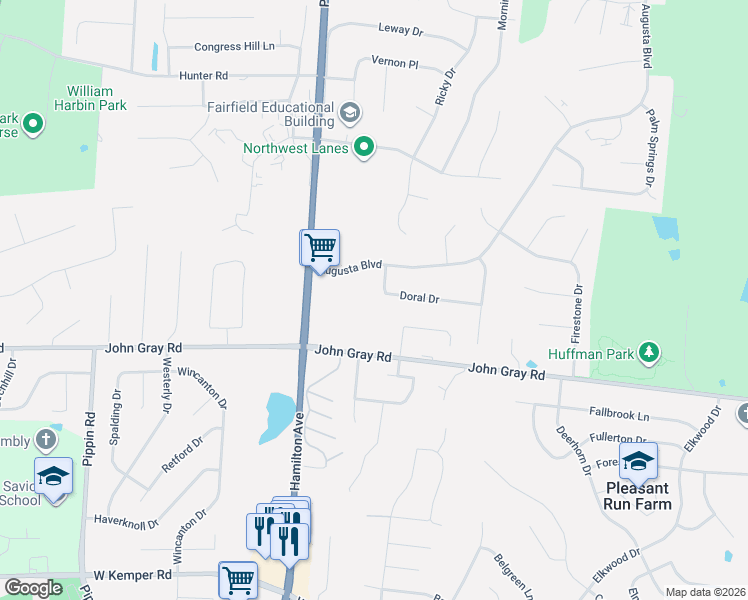 map of restaurants, bars, coffee shops, grocery stores, and more near 1801 Doral Drive in Fairfield
