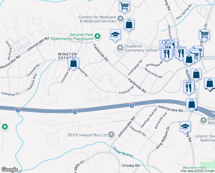 map of restaurants, bars, coffee shops, grocery stores, and more near 23 Doray Court in Woodlawn