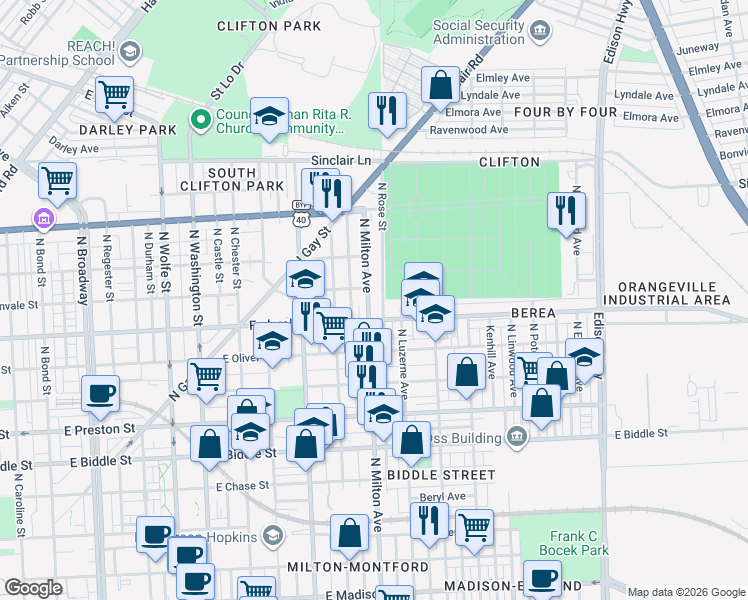 map of restaurants, bars, coffee shops, grocery stores, and more near 1629 North Milton Avenue in Baltimore