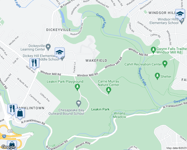 map of restaurants, bars, coffee shops, grocery stores, and more near Windsor Mill Rd & Wheatley Dr in Baltimore