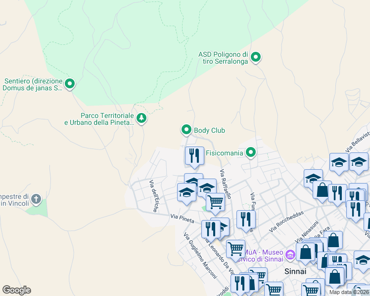map of restaurants, bars, coffee shops, grocery stores, and more near 9A Via del Rosmarino in Sinnai