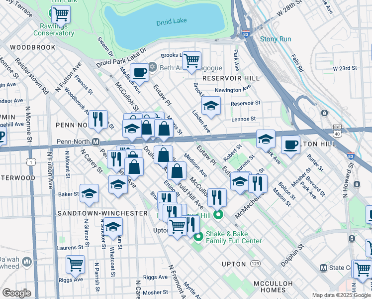 map of restaurants, bars, coffee shops, grocery stores, and more near 342 Bloom Street in Baltimore