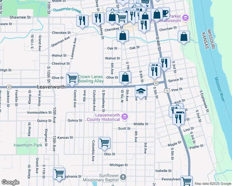 map of restaurants, bars, coffee shops, grocery stores, and more near 1001 6th Avenue in Leavenworth