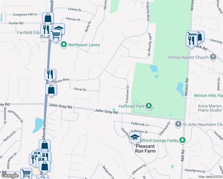 map of restaurants, bars, coffee shops, grocery stores, and more near 5461 Polo Woods Court in Fairfield