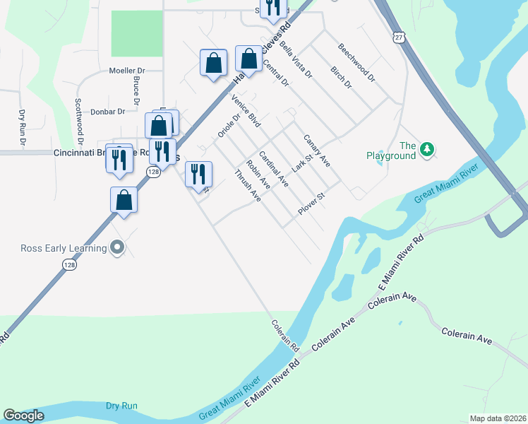 map of restaurants, bars, coffee shops, grocery stores, and more near 2137 Thrush Avenue in Fairfield