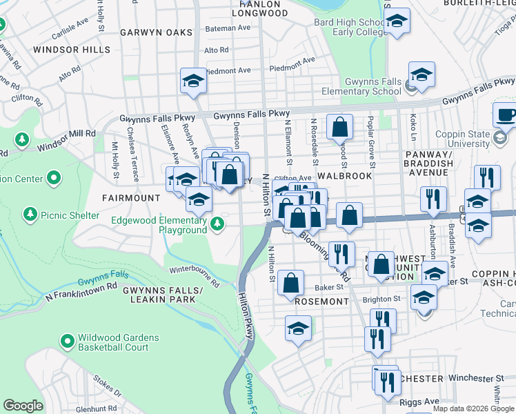 map of restaurants, bars, coffee shops, grocery stores, and more near 3307 Walbrook Avenue in Baltimore