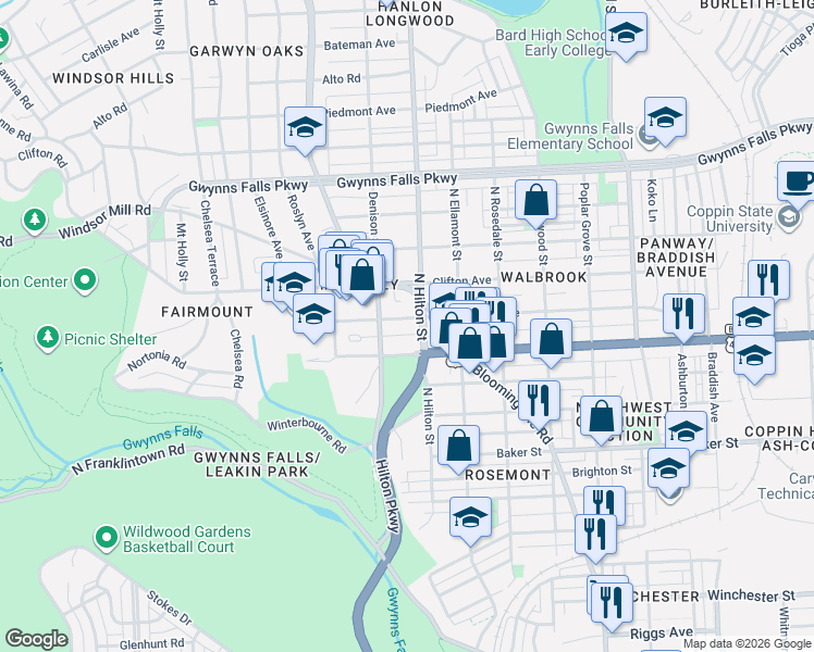 map of restaurants, bars, coffee shops, grocery stores, and more near 3307 Walbrook Avenue in Baltimore